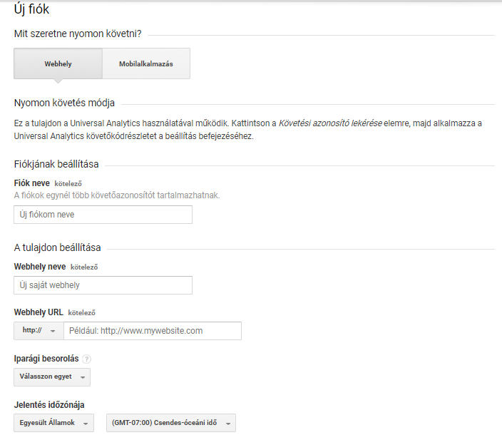 Google Analytics fiók létrehozása