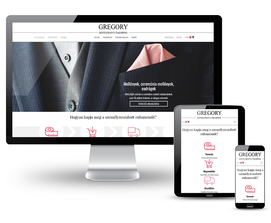 Gregorytailoring.com személyre szabott alkalmi ruha reszponzív webáruház készítés