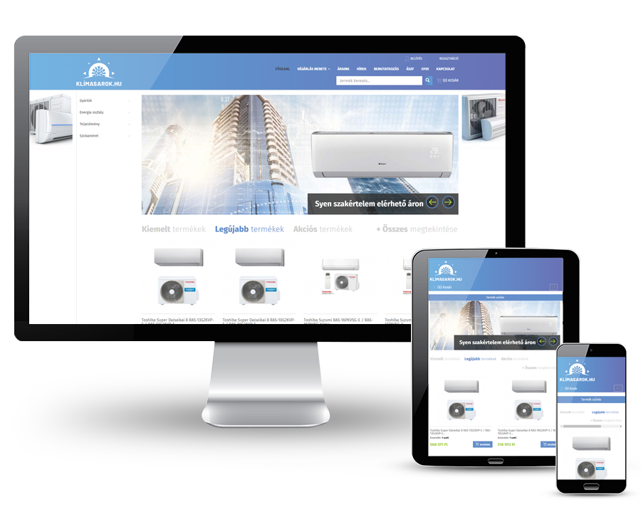 Klimasarok.hu - többféle klímafajták forgalmazása, beszerelése - reszponzív webáruház készítés