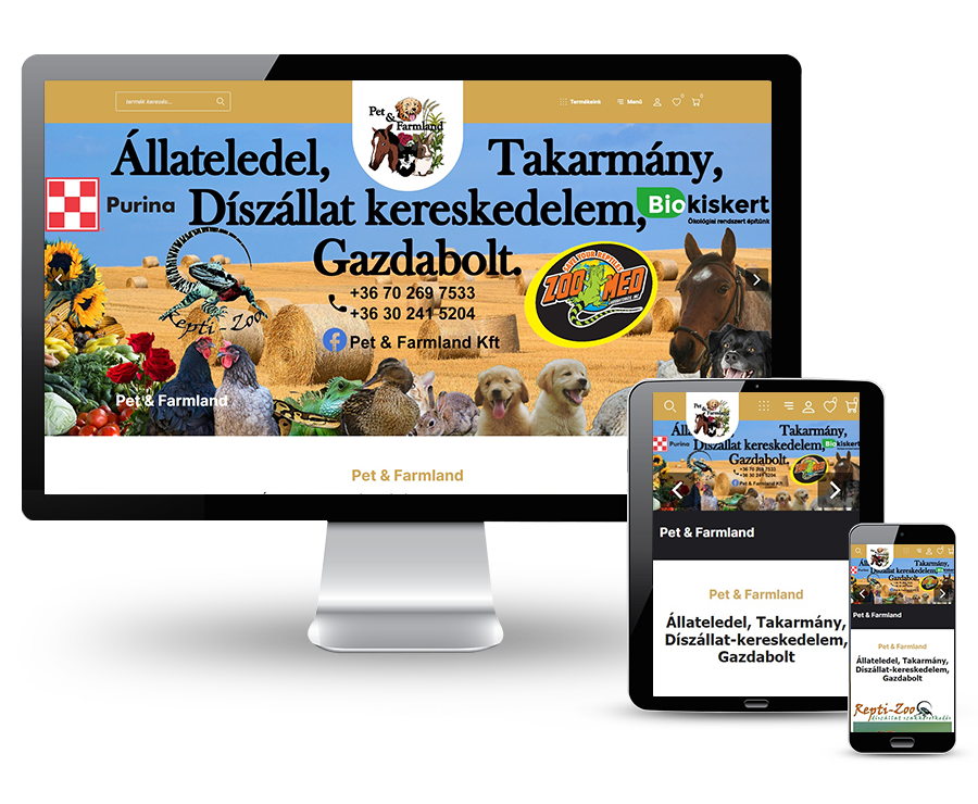 Petfarmland.hu - Állateledel bolt, takarmány, díszállat kereskedelem - reszponzív webshop készítés