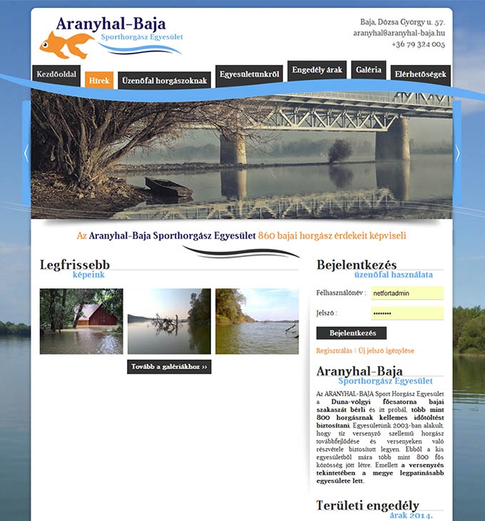 Aranyhal-Baja Sporthorgász Egyesület honlapjának elkészítése