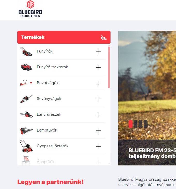 Bluebirdgarden.hu - Bluebird gépek és tartozékok - reszponzív webshop készítés