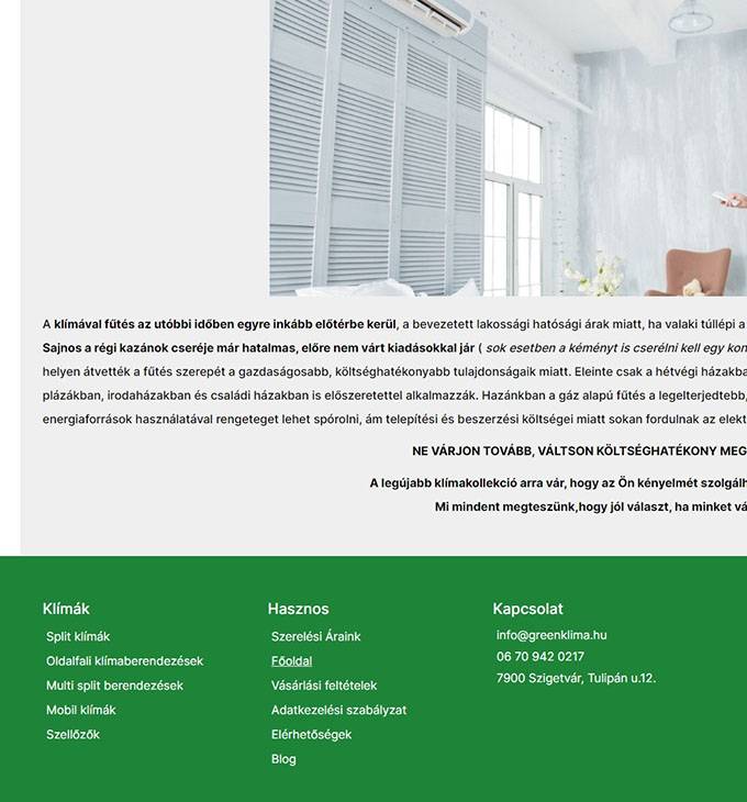 Greenklima.hu - Klíma - és hőszivattyú szerelés és karbantartás - reszponzív webáruház készítés