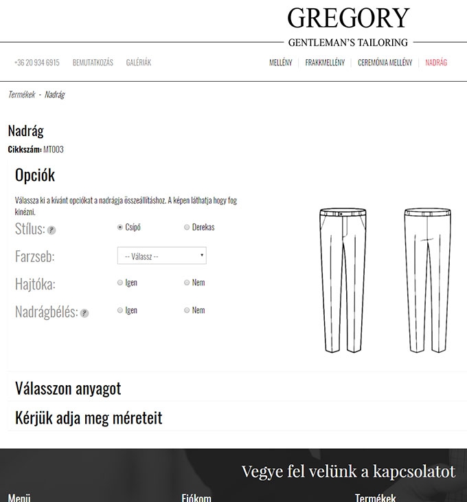 Gregorytailoring.com személyre szabott alkalmi ruha reszponzív webáruház készítés