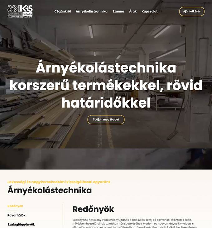Kis Árnyékolástechnikai Kft. bemutatkozó weboldalának elkészítése