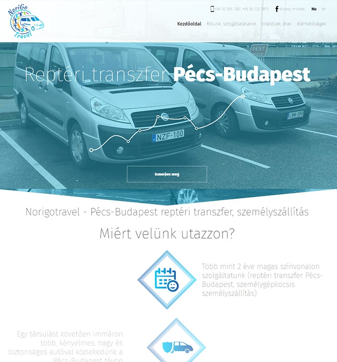 Norigotravel.hu reptéri transzfer - bemutatkozó reszponzív weboldal készítés