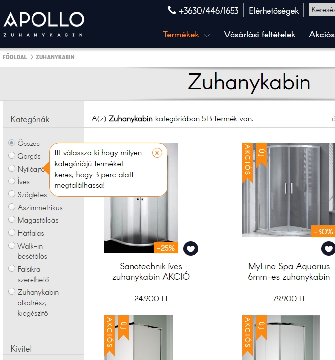 Apollozuhanykabinshop.hu reszponzív, mobilbarát webáruház elkészítés