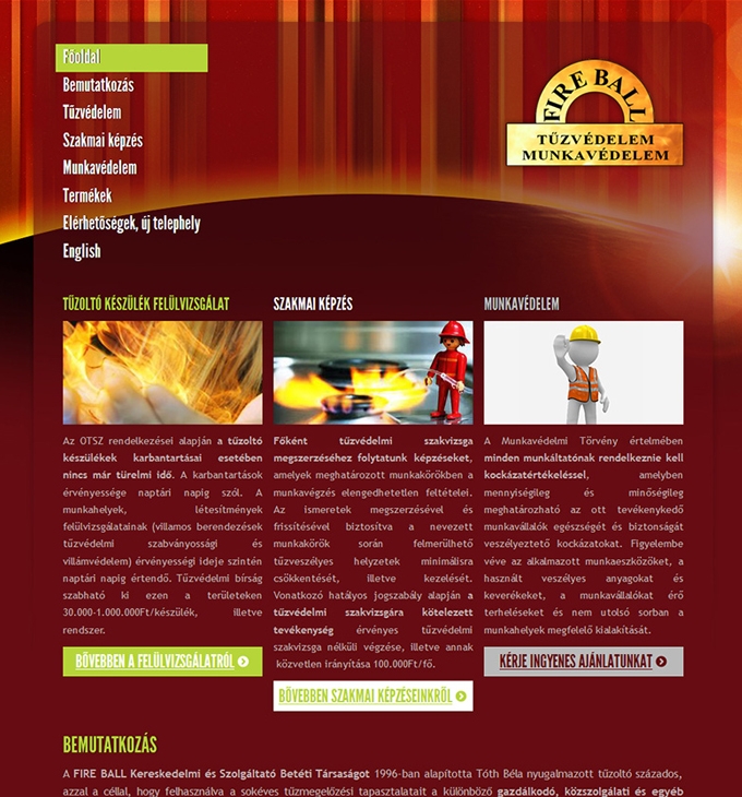 Fireball.hu tűzvédelmi cég bemutatkozó weboldala
