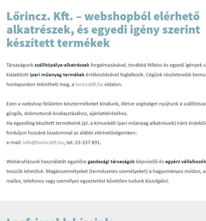 Shop.lorinczkft.hu - Szállítópálya alkatrészek és ipari műanyagok - reszponzív webáruház készítés